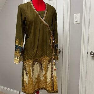 Olive Green and Gold Wrap Dress